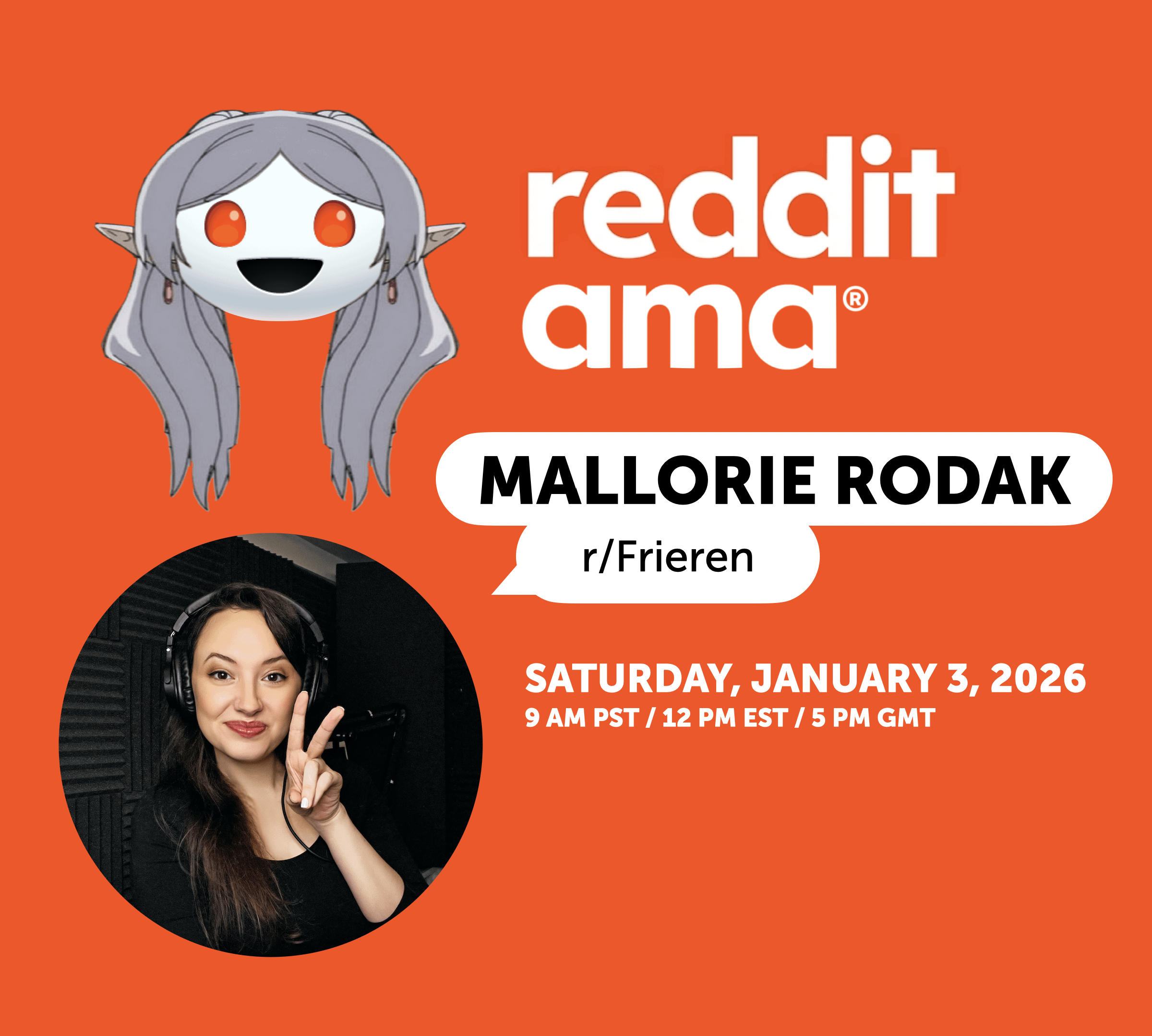 AMA Announcement: Mallorie Rodak, English Voice Actor of Frieren on January 3rd, 2026!