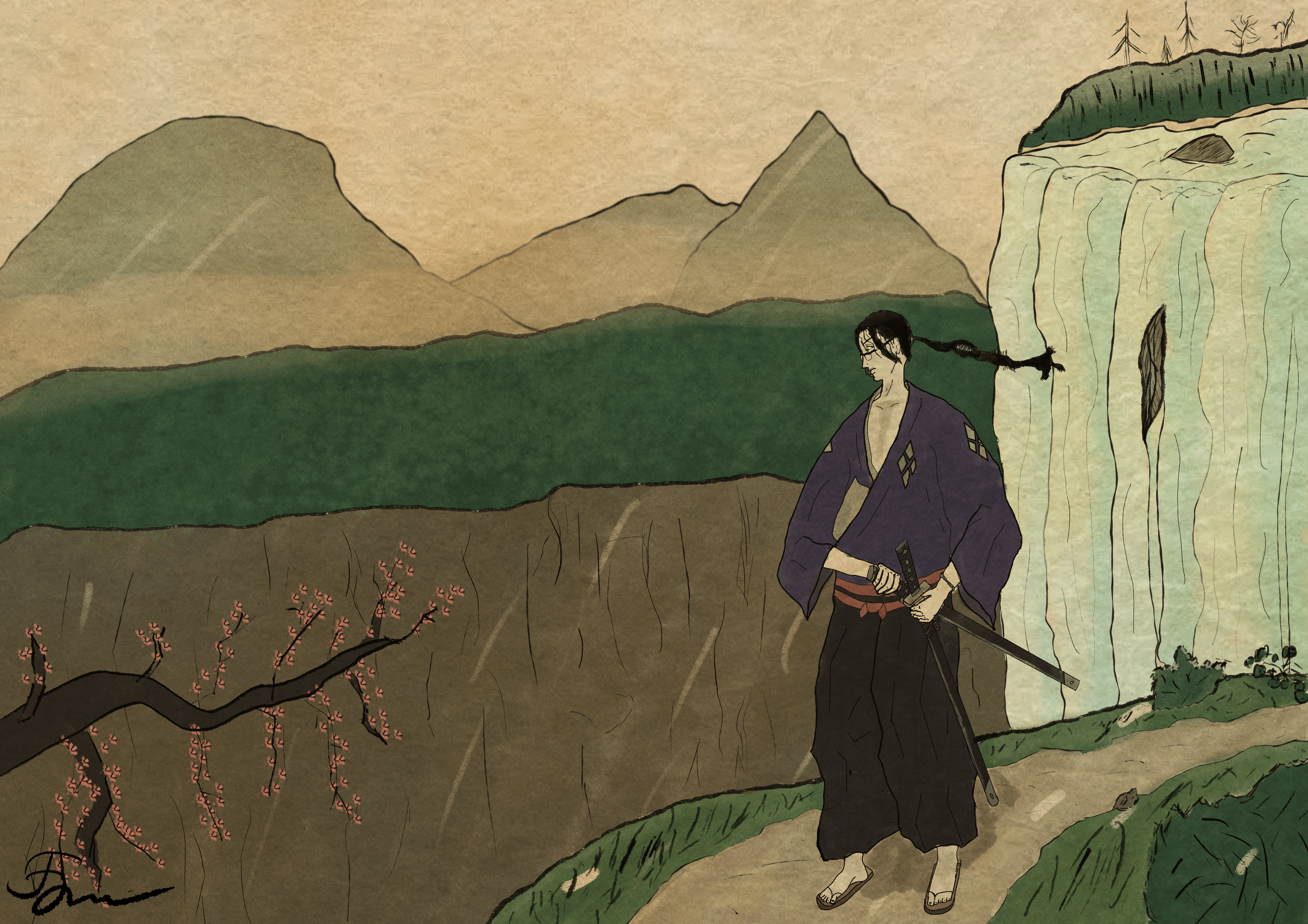 Jin from Samurai Champloo in traditional Japanese art style